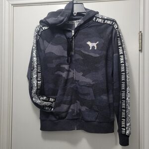 PINK Victoria Secret Bling Black Camo Hoodie Silver Sequin Iridescent Logo, M